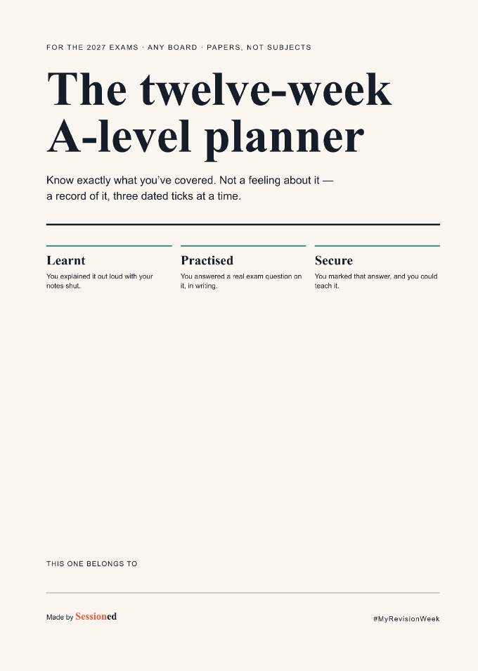 A4 edition, cover page: the twelve-week A-level planner, with the learnt / practised / secure definitions set out beneath the title.