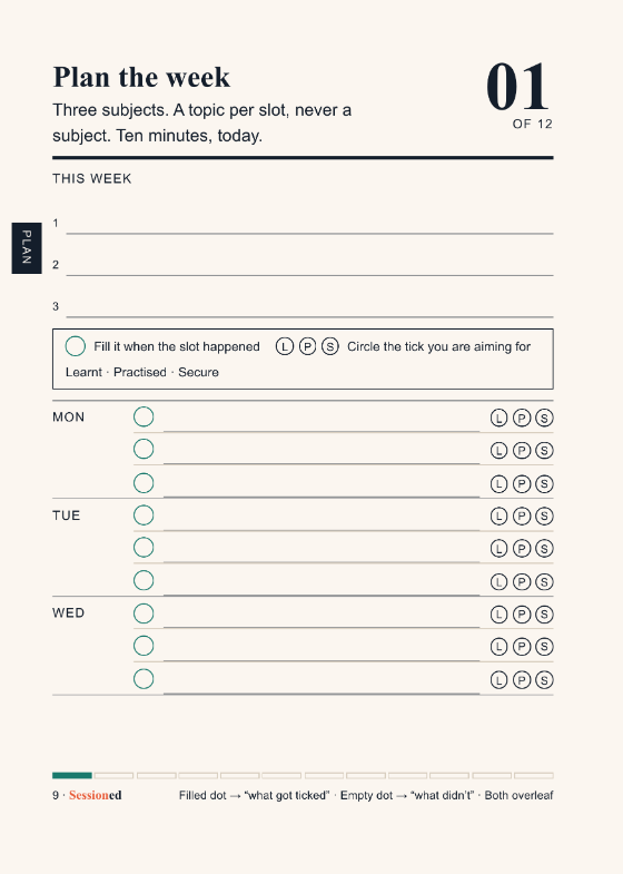 A5 edition, the week one plan page: three numbered subject lines, then Monday to Wednesday with three blank slots each and the L P S circles beside every one.