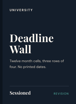 Cover of The University Deadline Wall: navy, with the level and the title set large, and the Sessioned imprint along the foot.