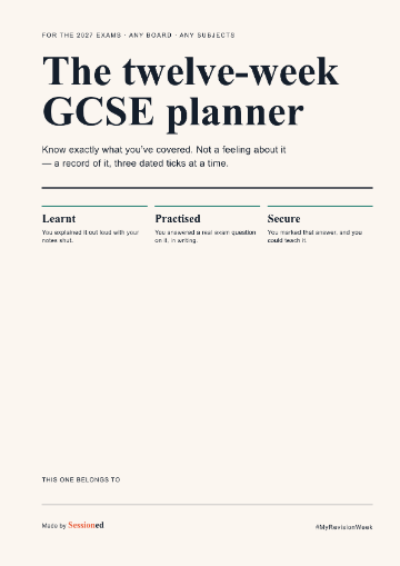 The planner cover: cream, with “The twelve-week GCSE planner” set large across the top, and the three ticks — Learnt, Practised, Secure — defined in a row beneath it.