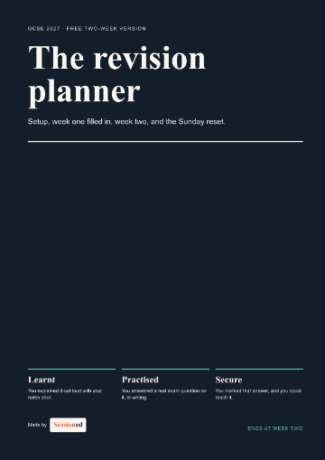The lite planner cover: navy, with “The revision planner” set large across the top, and the same three ticks — Learnt, Practised, Secure — defined in a row along the bottom.