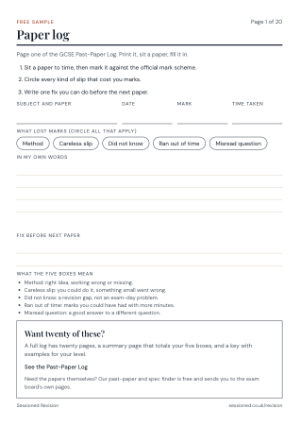 Page one of the GCSE Past-Paper Log: fields for the paper, date, mark and time, five circled categories for what lost marks, and space for a fix.
