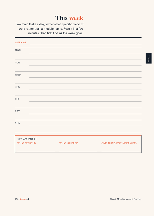 Weekly reset page: a streak strip with freeze days, the three questions — what got ticked, what didn&rsquo;t, what moves — a table of topics that keep coming back with three fix-date boxes each, and an ask-a-tutor box at the foot.