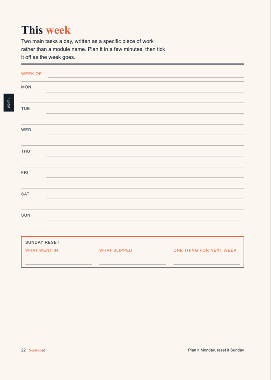 A week plan page: days down the left, topic slots across, and L P S circles to ring as each topic is learnt, practised and secure.